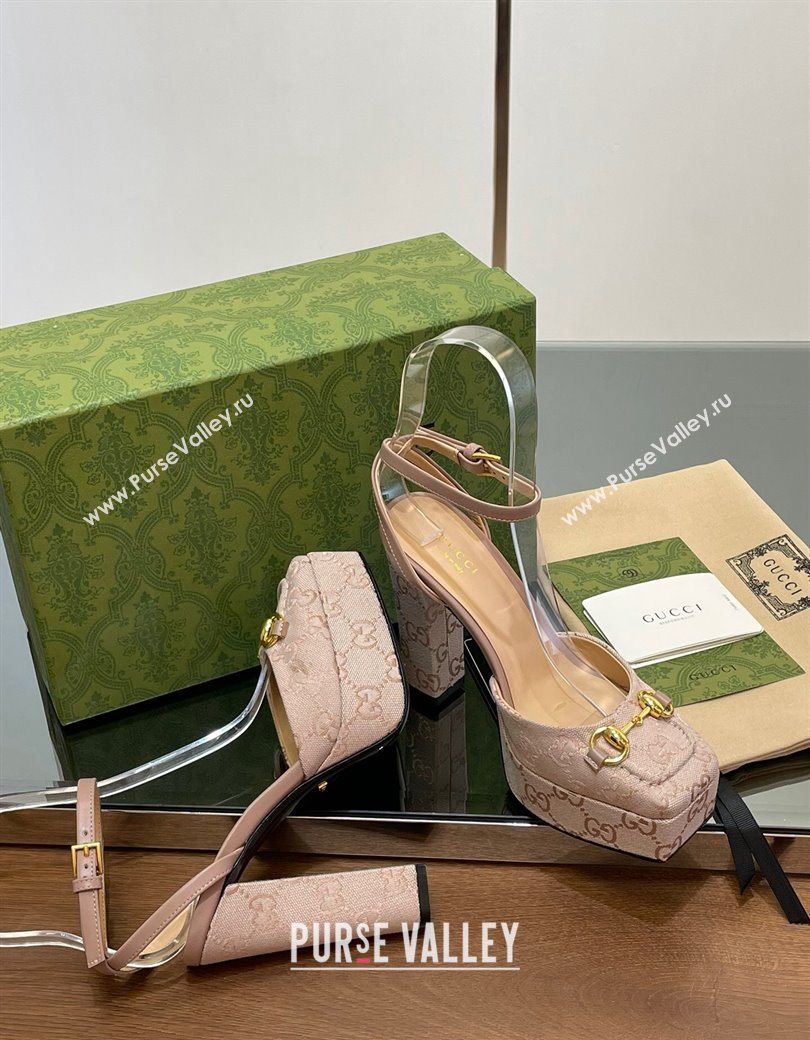 Gucci Canvas Framed Platform Pumps12cm with Horsebit Powder Pink 2024 GG123102 (MD-241231130)