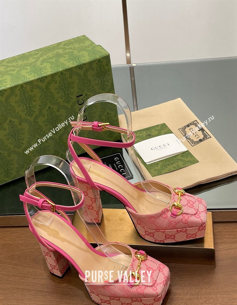 Gucci Canvas Framed Platform Pumps12cm with Horsebit Pink2 2024 GG123102 (MD-241231131)