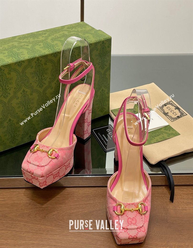 Gucci Canvas Framed Platform Pumps12cm with Horsebit Pink2 2024 GG123102 (MD-241231131)