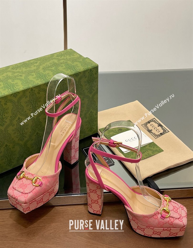 Gucci Canvas Framed Platform Pumps12cm with Horsebit Pink2 2024 GG123102 (MD-241231131)