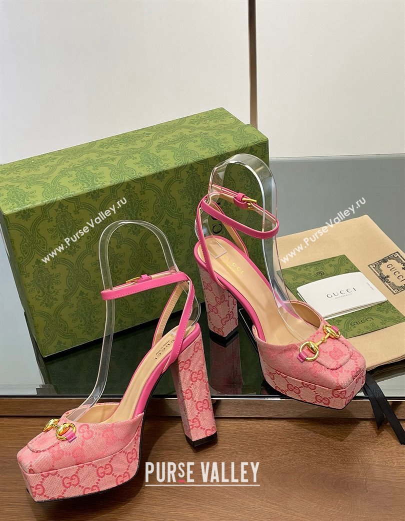 Gucci Canvas Framed Platform Pumps12cm with Horsebit Pink2 2024 GG123102 (MD-241231131)