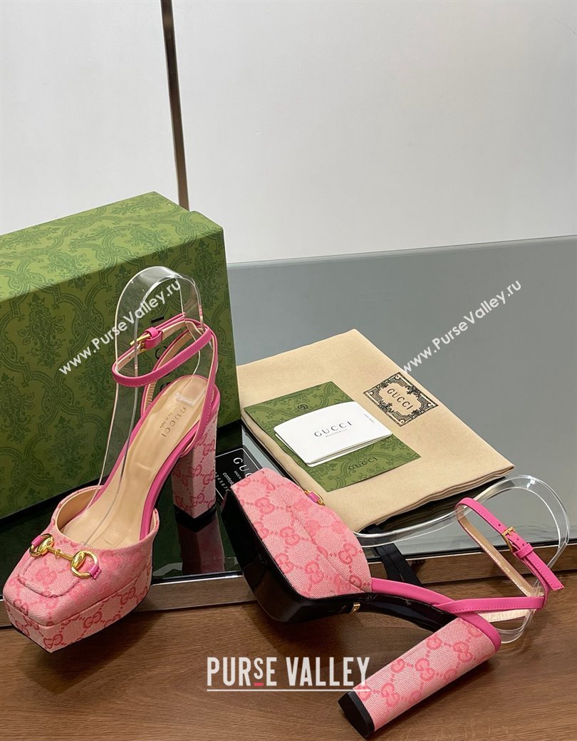 Gucci Canvas Framed Platform Pumps12cm with Horsebit Pink2 2024 GG123102 (MD-241231131)