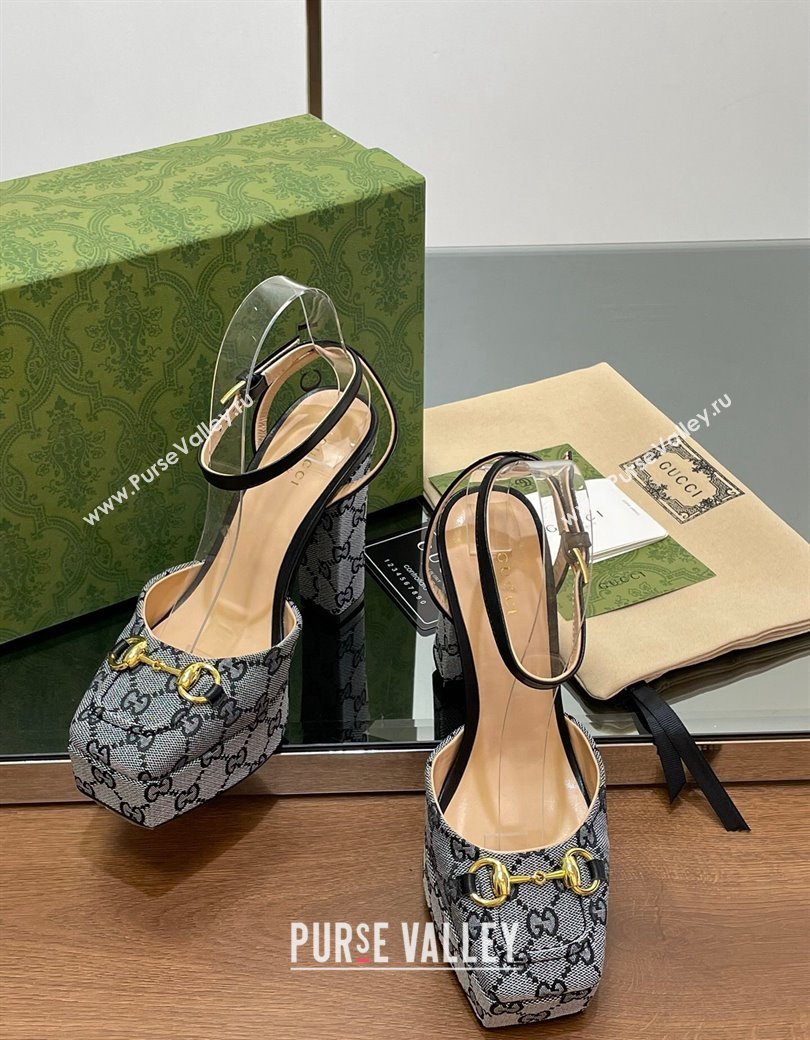 Gucci Canvas Framed Platform Pumps12cm with Horsebit Grey 2024 GG123102 (MD-241231132)