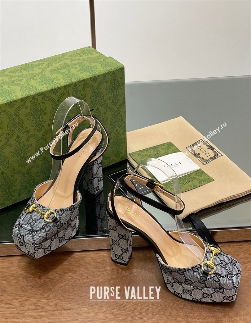 Gucci Canvas Framed Platform Pumps12cm with Horsebit Grey 2024 GG123102 (MD-241231132)