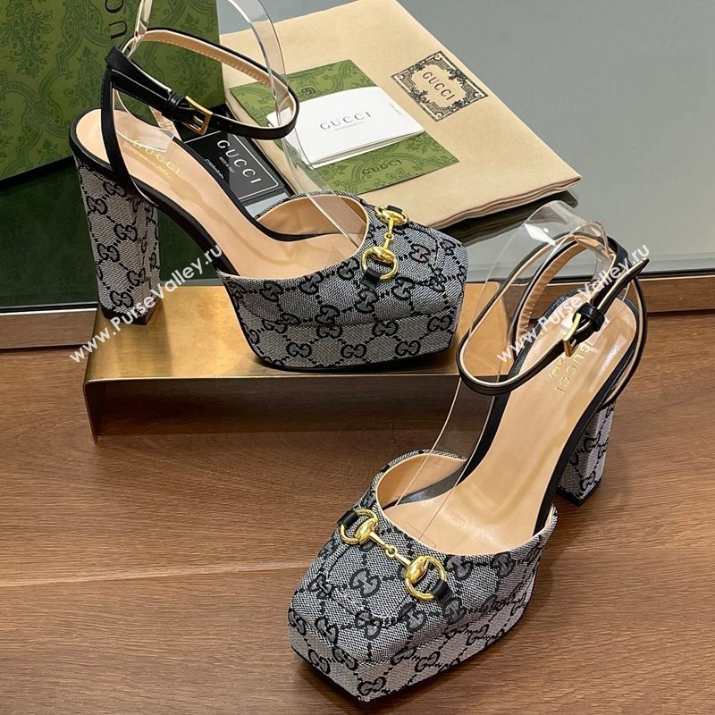 Gucci Canvas Framed Platform Pumps12cm with Horsebit Grey 2024 GG123102 (MD-241231132)