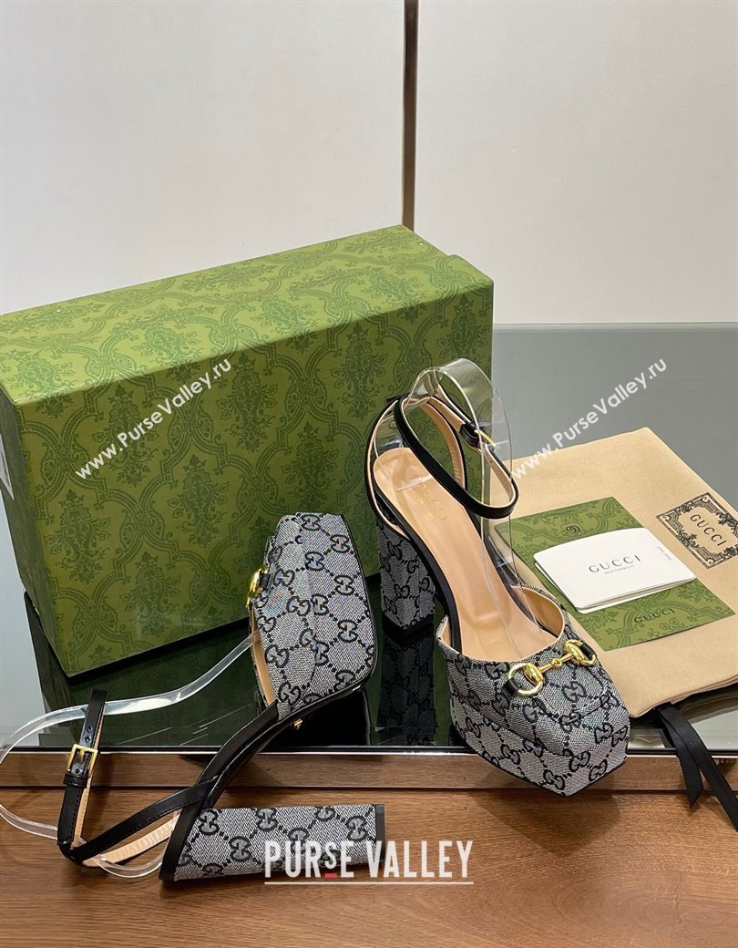 Gucci Canvas Framed Platform Pumps12cm with Horsebit Grey 2024 GG123102 (MD-241231132)