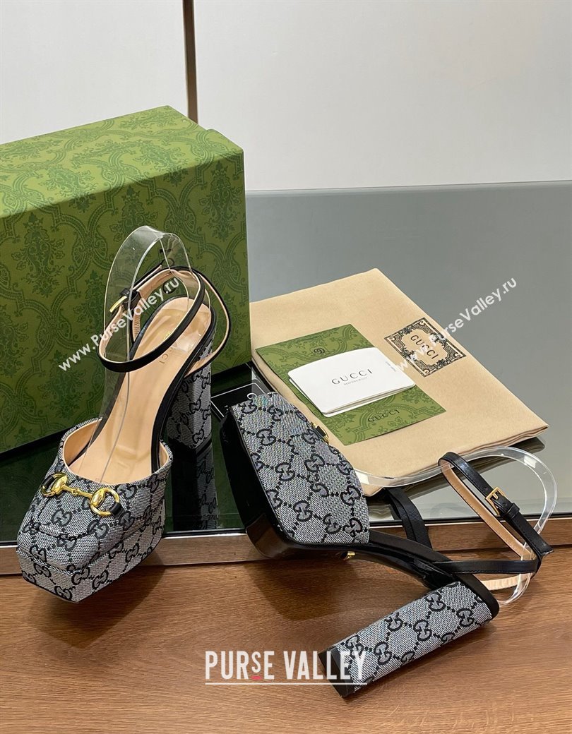 Gucci Canvas Framed Platform Pumps12cm with Horsebit Grey 2024 GG123102 (MD-241231132)