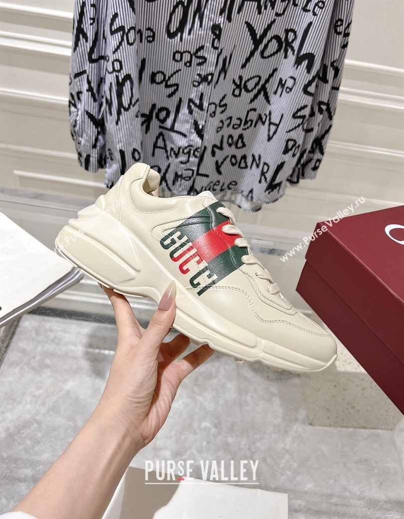 Gucci Rhyton Leather Sneakers with Gucci Web Print Ivory White 2024 816179 (SS-241231155)