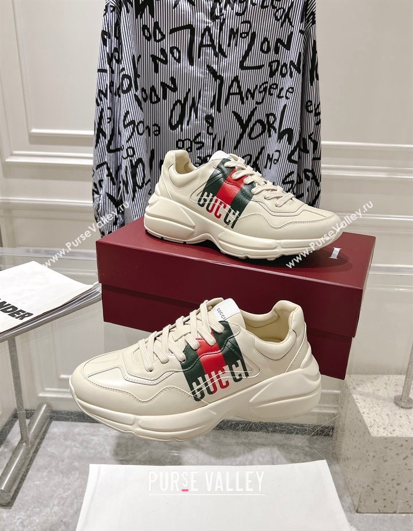 Gucci Rhyton Leather Sneakers with Gucci Web Print Ivory White 2024 816179 (SS-241231155)