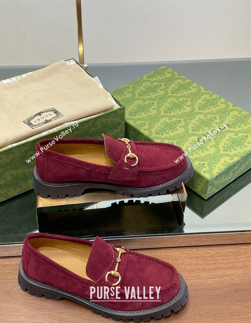 Gucci Suede Loafers with Horsebit Burgundy 2024 GG123101 (MD-241231116)