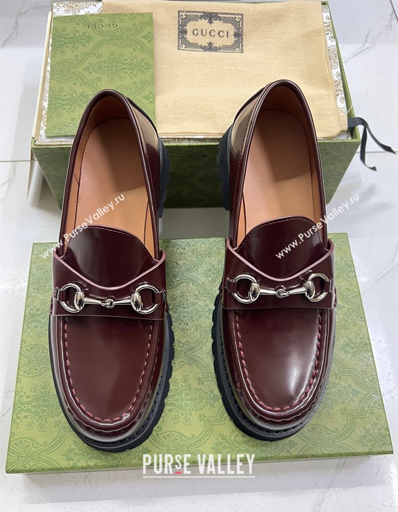 Gucci Shiny Leather Platform Loafers 4.5cm with Horsebit Dark Brown 2024 ‎764211 (MD-241231133)