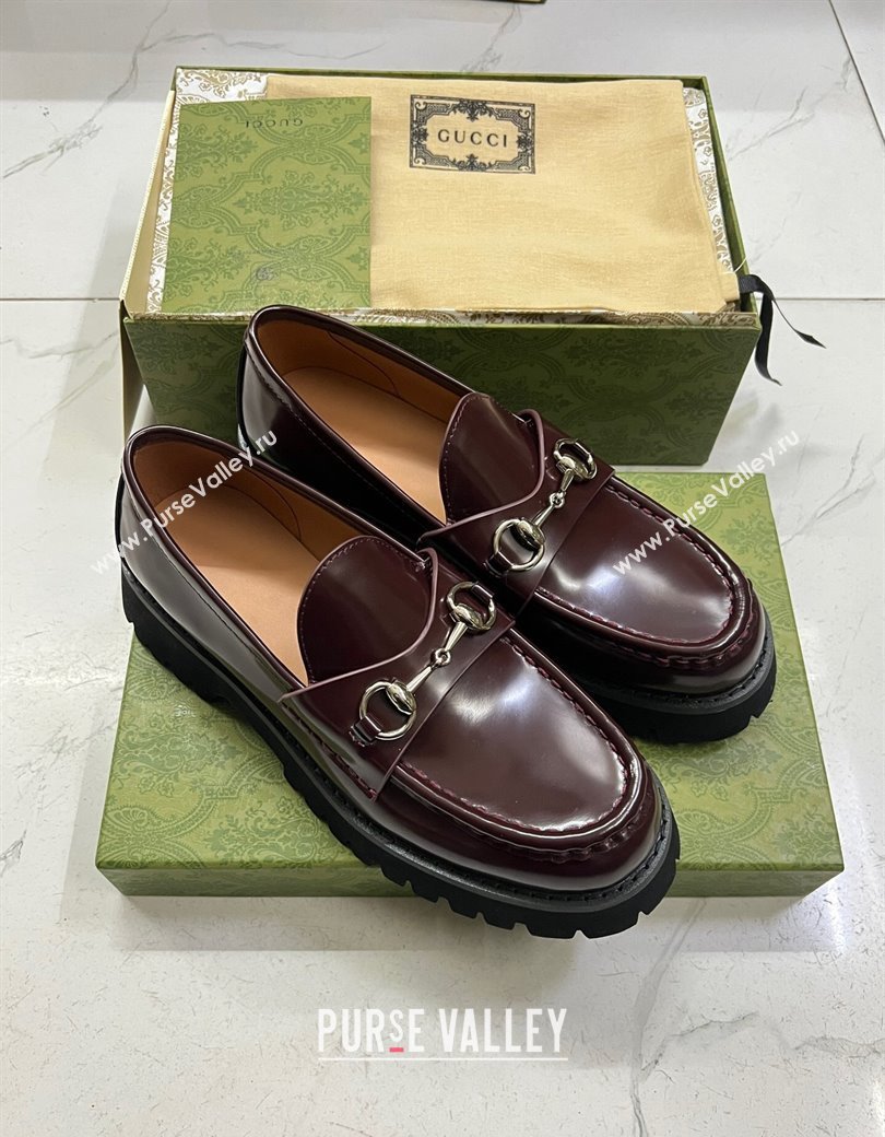 Gucci Shiny Leather Platform Loafers 4.5cm with Horsebit Dark Brown 2024 ‎764211 (MD-241231133)