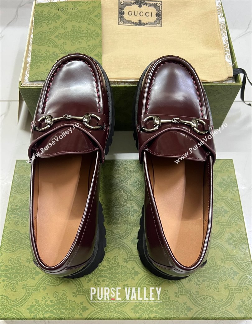 Gucci Shiny Leather Platform Loafers 4.5cm with Horsebit Dark Brown 2024 ‎764211 (MD-241231133)