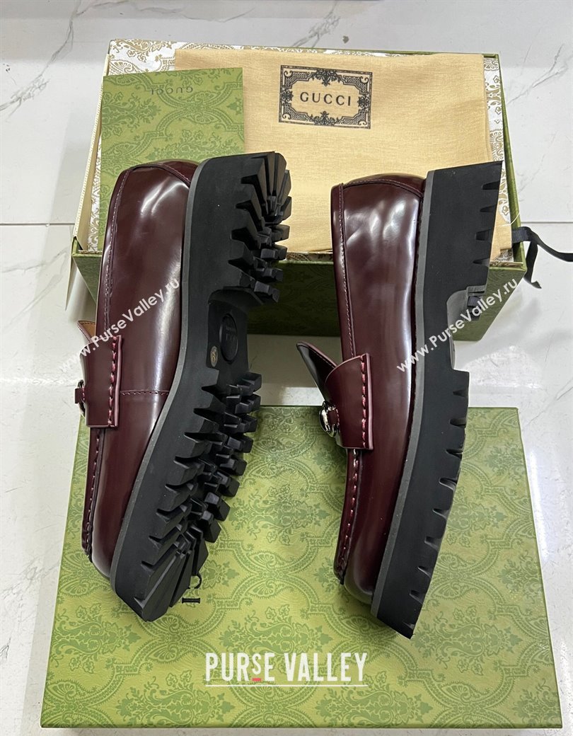 Gucci Shiny Leather Platform Loafers 4.5cm with Horsebit Dark Brown 2024 ‎764211 (MD-241231133)