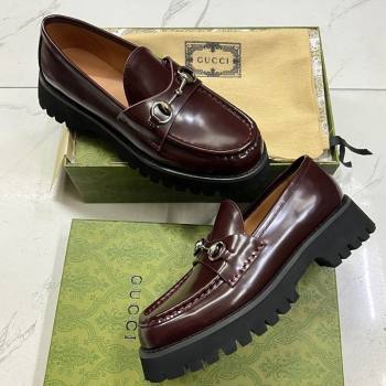 Gucci Shiny Leather Platform Loafers 4.5cm with Horsebit Dark Brown 2024 ‎764211 (MD-241231133)