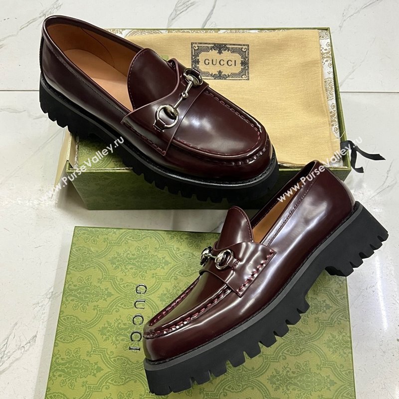 Gucci Shiny Leather Platform Loafers 4.5cm with Horsebit Dark Brown 2024 ‎764211 (MD-241231133)