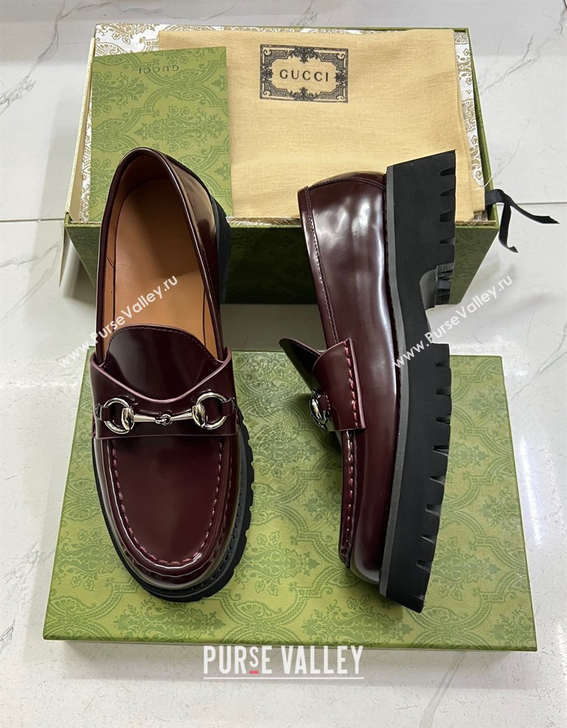 Gucci Shiny Leather Platform Loafers 4.5cm with Horsebit Dark Brown 2024 ‎764211 (MD-241231133)