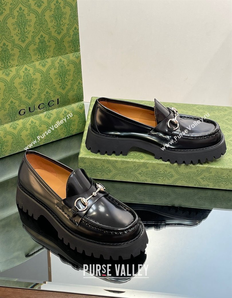 Gucci Shiny Leather Platform Loafers 4.5cm with Horsebit Black 2024 ‎764211 (MD-241231134)