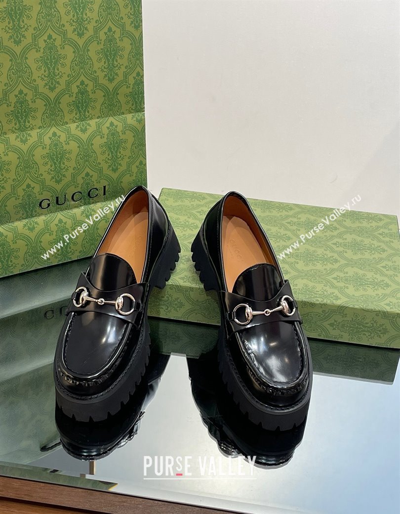 Gucci Shiny Leather Platform Loafers 4.5cm with Horsebit Black 2024 ‎764211 (MD-241231134)