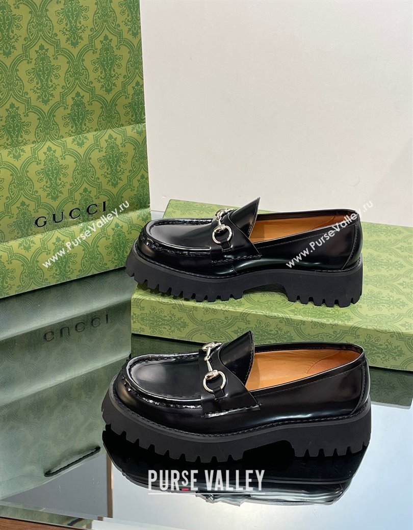 Gucci Shiny Leather Platform Loafers 4.5cm with Horsebit Black 2024 ‎764211 (MD-241231134)