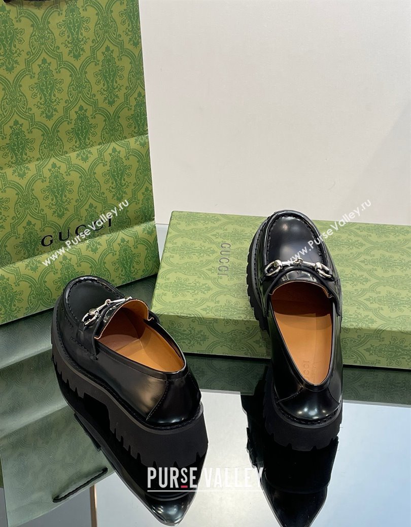 Gucci Shiny Leather Platform Loafers 4.5cm with Horsebit Black 2024 ‎764211 (MD-241231134)