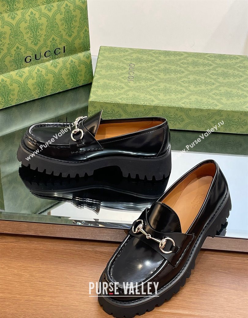 Gucci Shiny Leather Platform Loafers 4.5cm with Horsebit Black 2024 ‎764211 (MD-241231134)