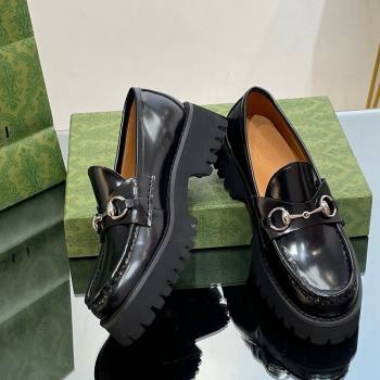 Gucci Shiny Leather Platform Loafers 4.5cm with Horsebit Black 2024 ‎764211 (MD-241231134)