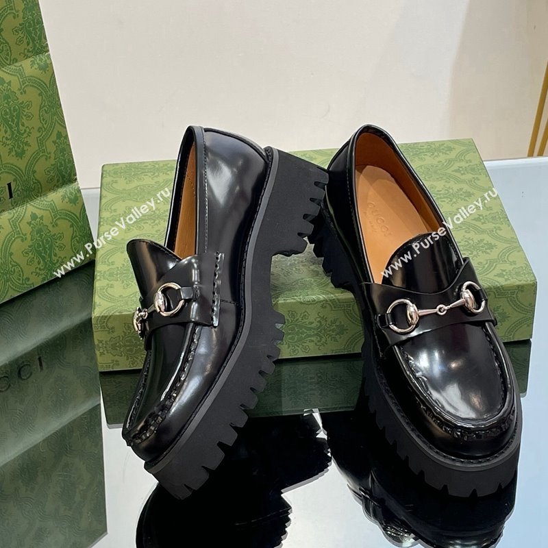 Gucci Shiny Leather Platform Loafers 4.5cm with Horsebit Black 2024 ‎764211 (MD-241231134)