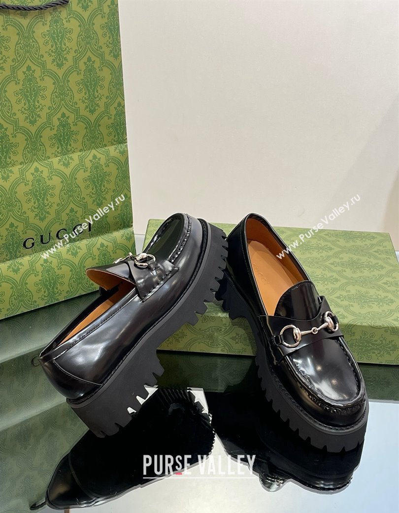 Gucci Shiny Leather Platform Loafers 4.5cm with Horsebit Black 2024 ‎764211 (MD-241231134)