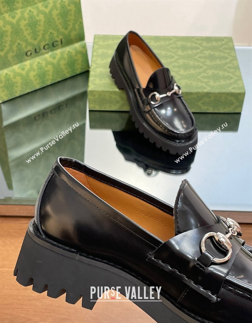 Gucci Shiny Leather Platform Loafers 4.5cm with Horsebit Black 2024 ‎764211 (MD-241231134)