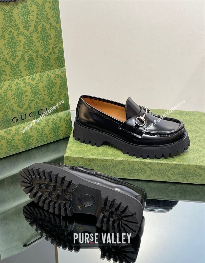 Gucci Shiny Leather Platform Loafers 4.5cm with Horsebit Black 2024 ‎764211 (MD-241231134)