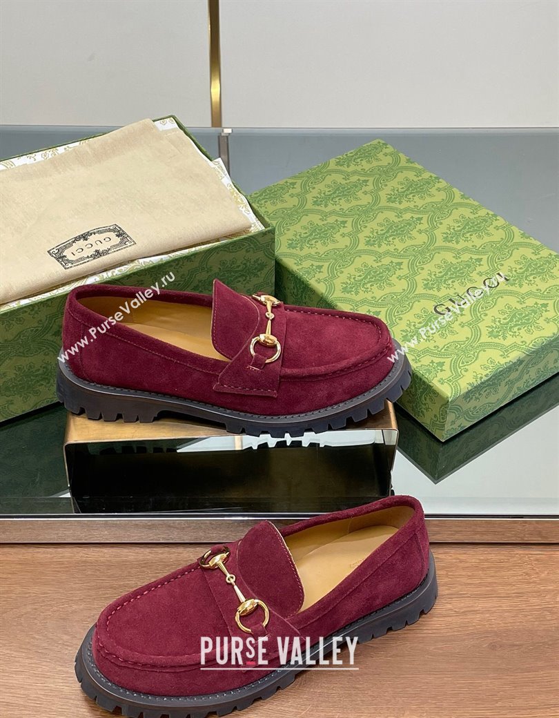 Gucci Suede Loafers with Horsebit Burgundy 2024 GG123101 (MD-241231116)