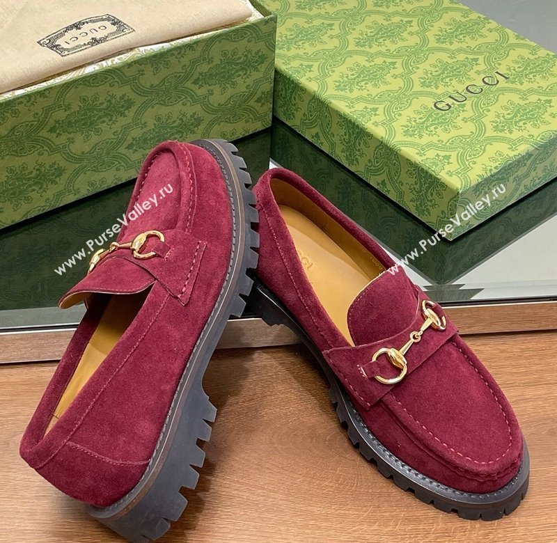 Gucci Suede Loafers with Horsebit Burgundy 2024 GG123101 (MD-241231116)