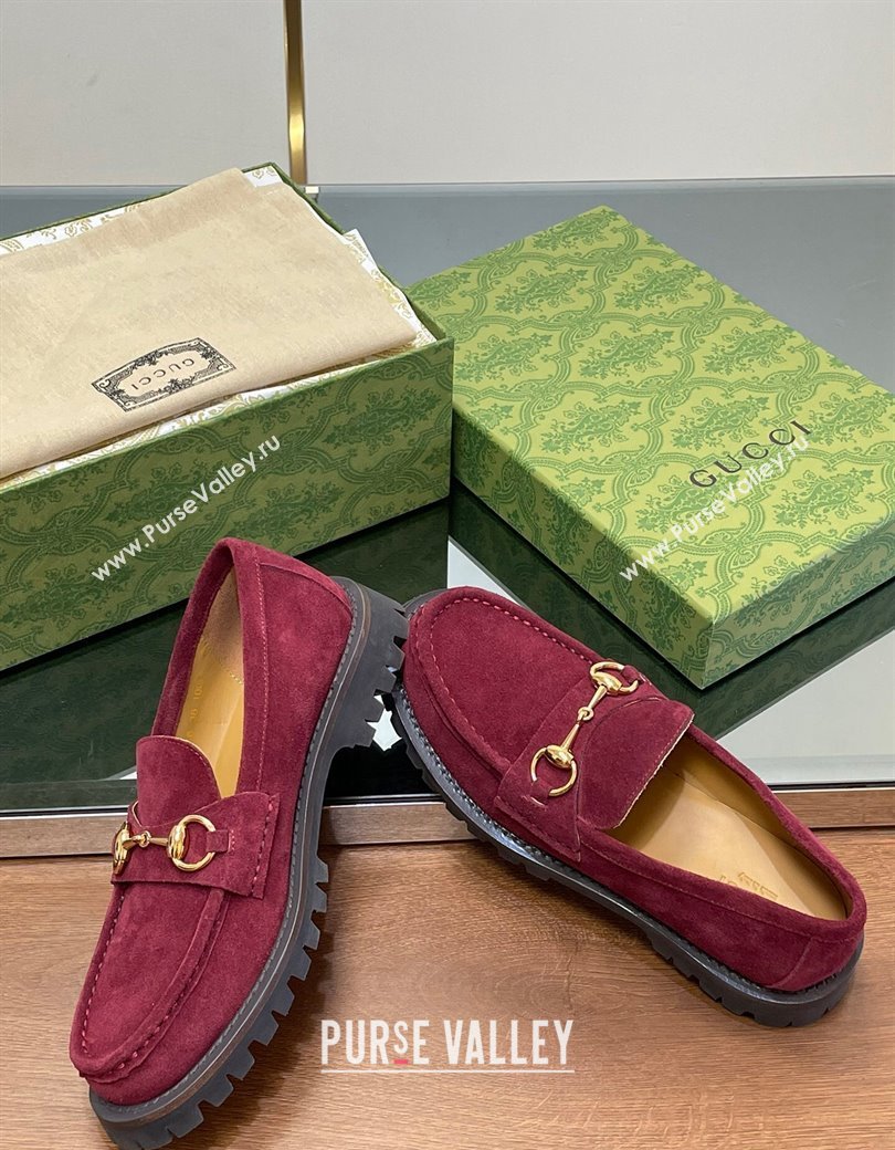 Gucci Suede Loafers with Horsebit Burgundy 2024 GG123101 (MD-241231116)