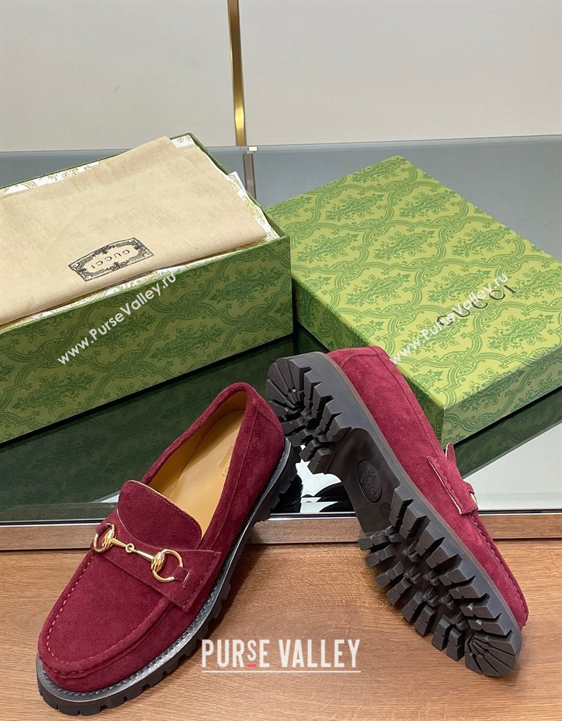 Gucci Suede Loafers with Horsebit Burgundy 2024 GG123101 (MD-241231116)