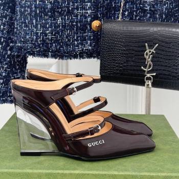 Gucci Leather Clear Heel Wedge Pumps 10cm with Buckle Dark Brown 2024 GG123103 (MD-241231144)