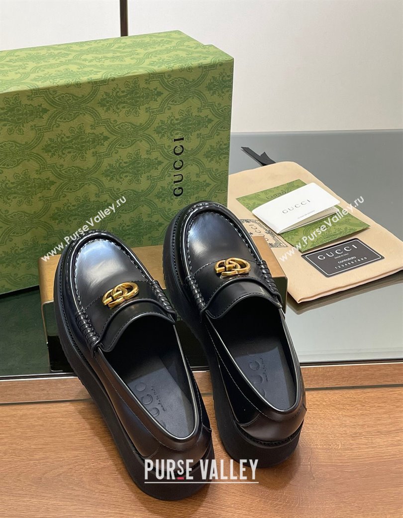 Gucci Leather Wedge Platform Loafers 5.5cm Black 2024 GG123104 (MD-241231147)