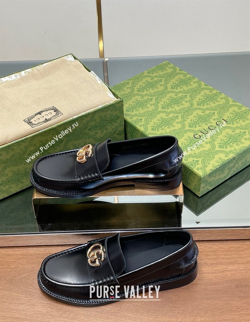 Gucci Shiny Leather Loafers with GG Black 2024 GG123105 (MD-241231151)