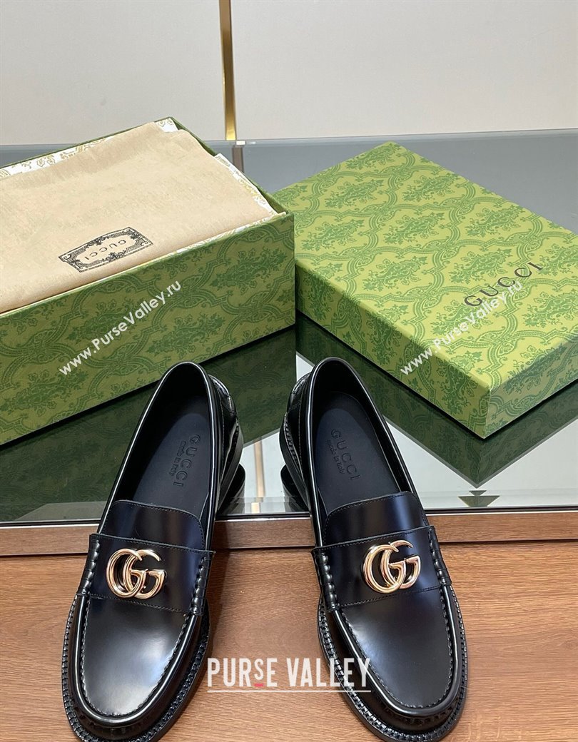 Gucci Shiny Leather Loafers with GG Black 2024 GG123105 (MD-241231151)