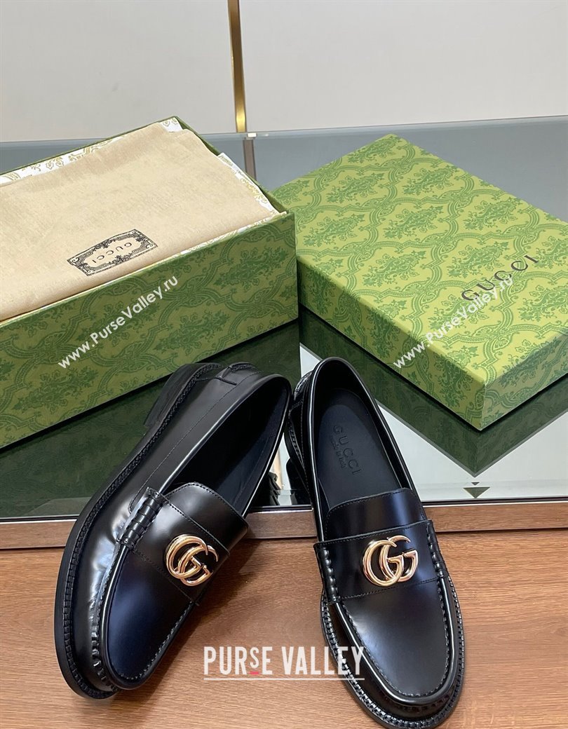 Gucci Shiny Leather Loafers with GG Black 2024 GG123105 (MD-241231151)