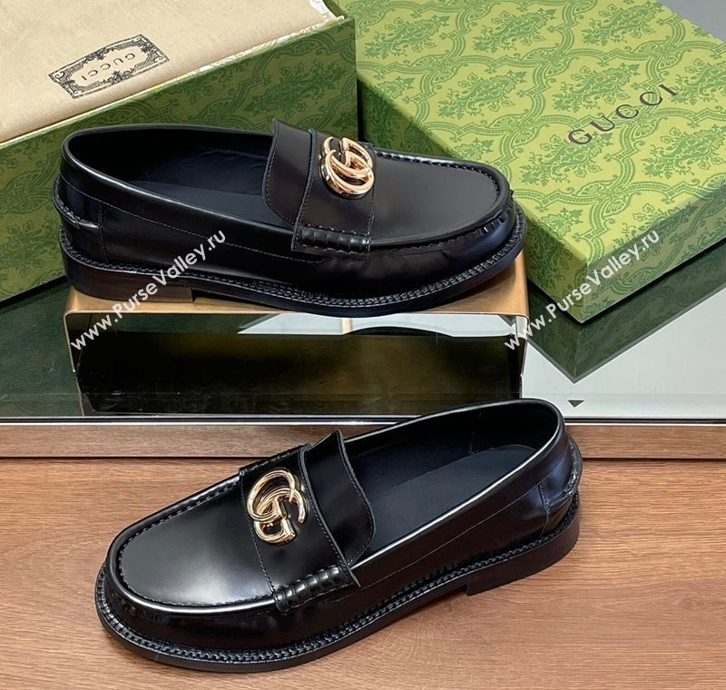 Gucci Shiny Leather Loafers with GG Black 2024 GG123105 (MD-241231151)