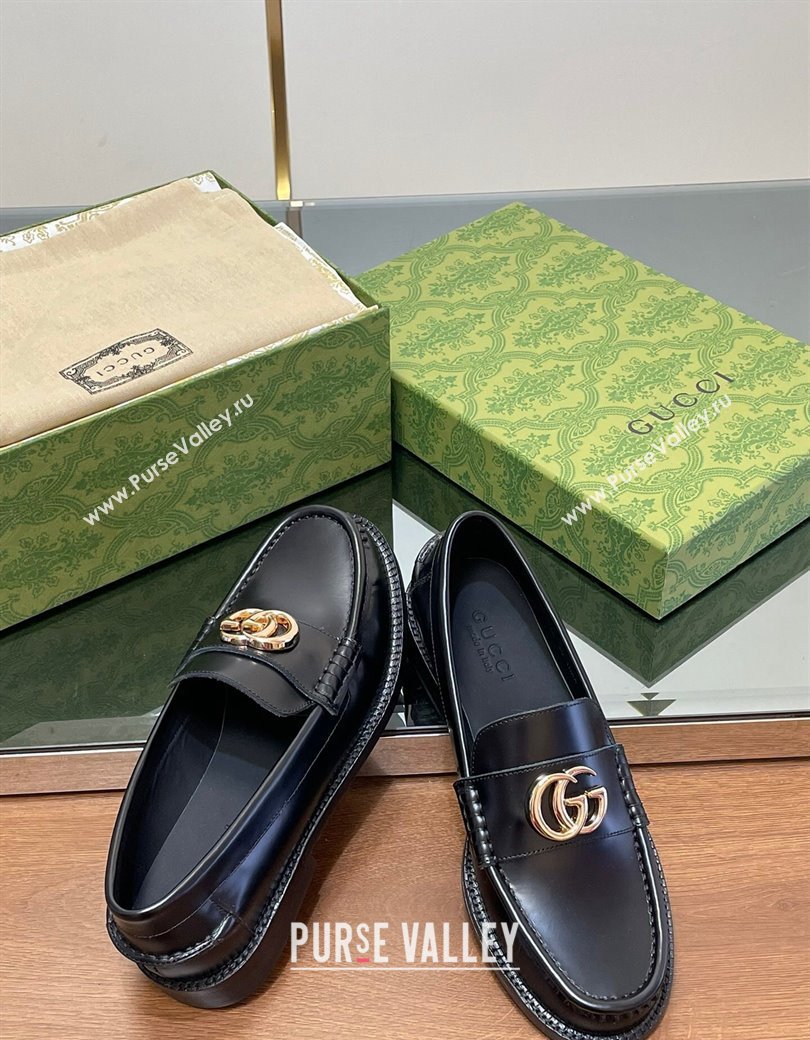 Gucci Shiny Leather Loafers with GG Black 2024 GG123105 (MD-241231151)