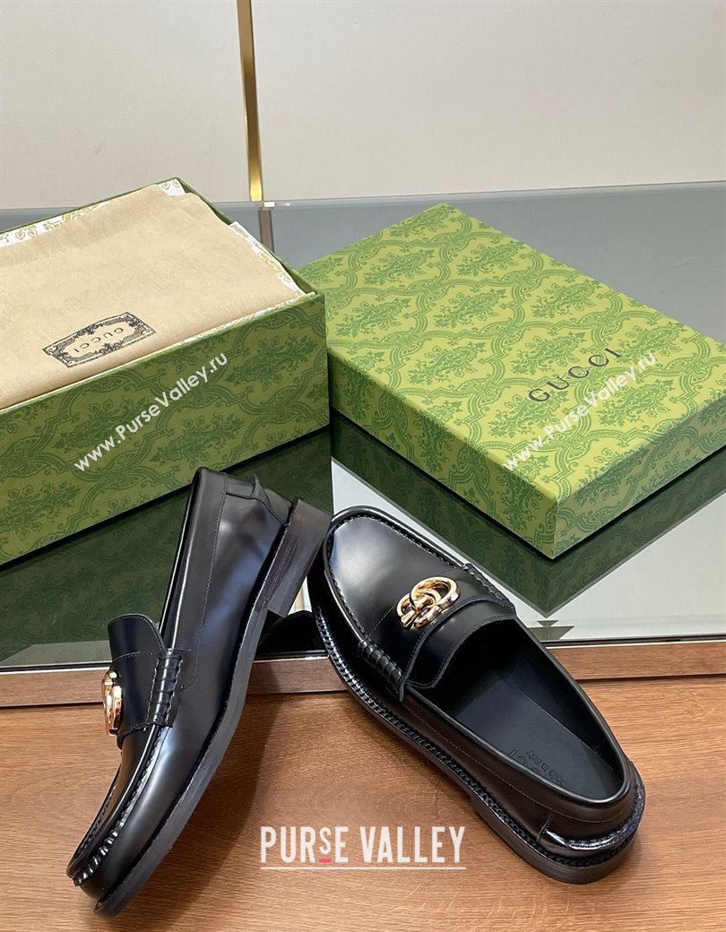 Gucci Shiny Leather Loafers with GG Black 2024 GG123105 (MD-241231151)