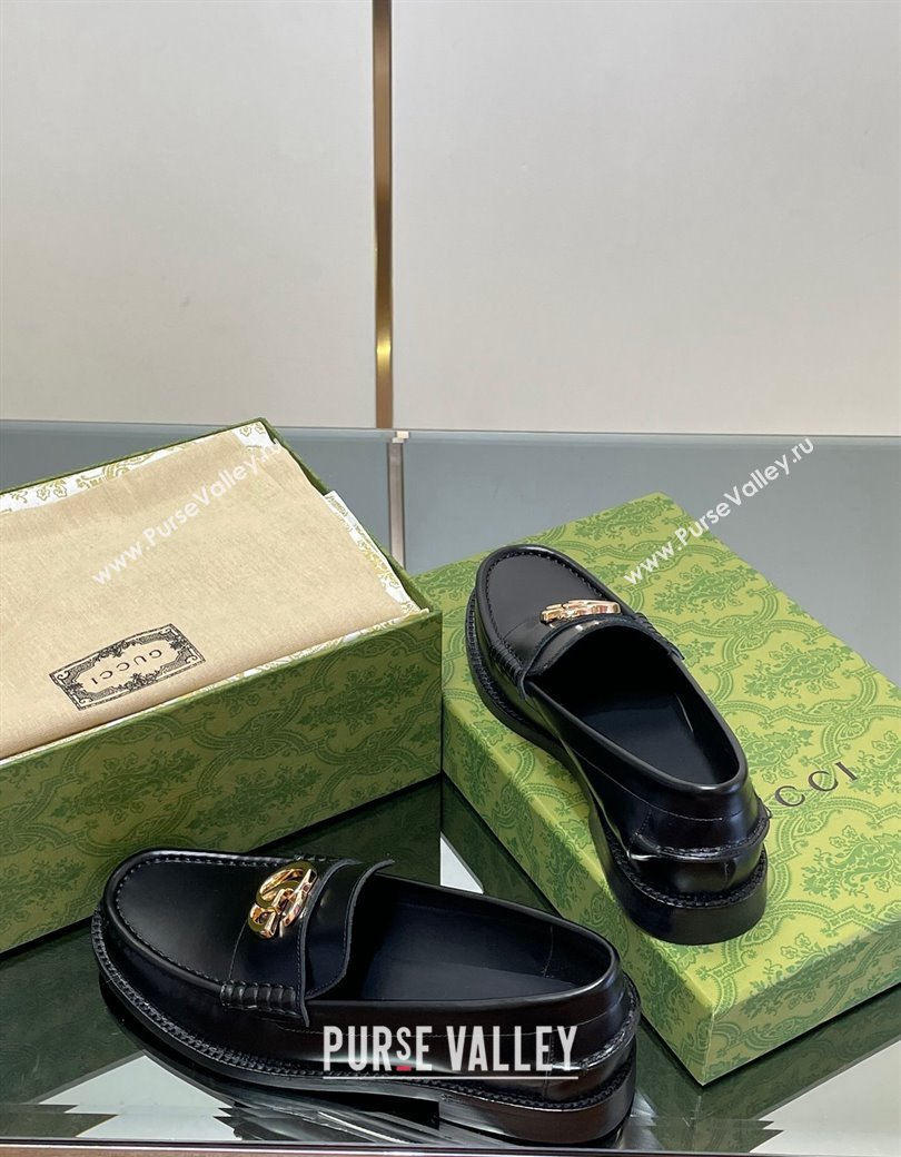 Gucci Shiny Leather Loafers with GG Black 2024 GG123105 (MD-241231151)