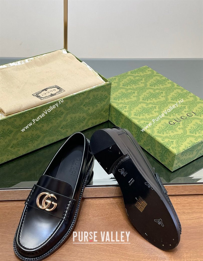 Gucci Shiny Leather Loafers with GG Black 2024 GG123105 (MD-241231151)