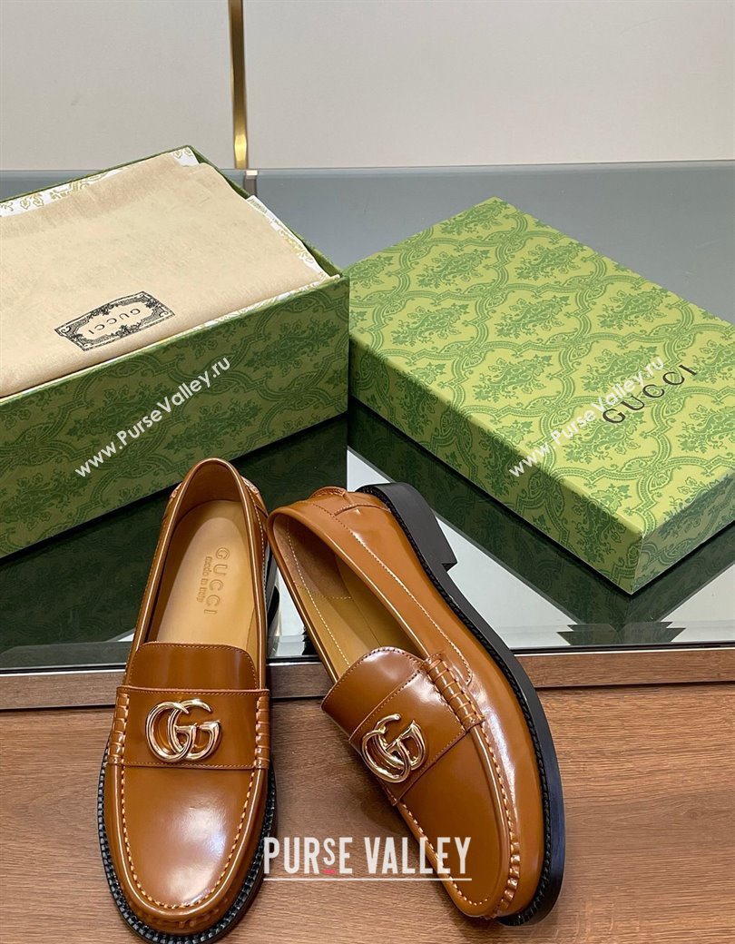 Gucci Shiny Leather Loafers with GG Brown 2024 GG123105 (MD-241231154)