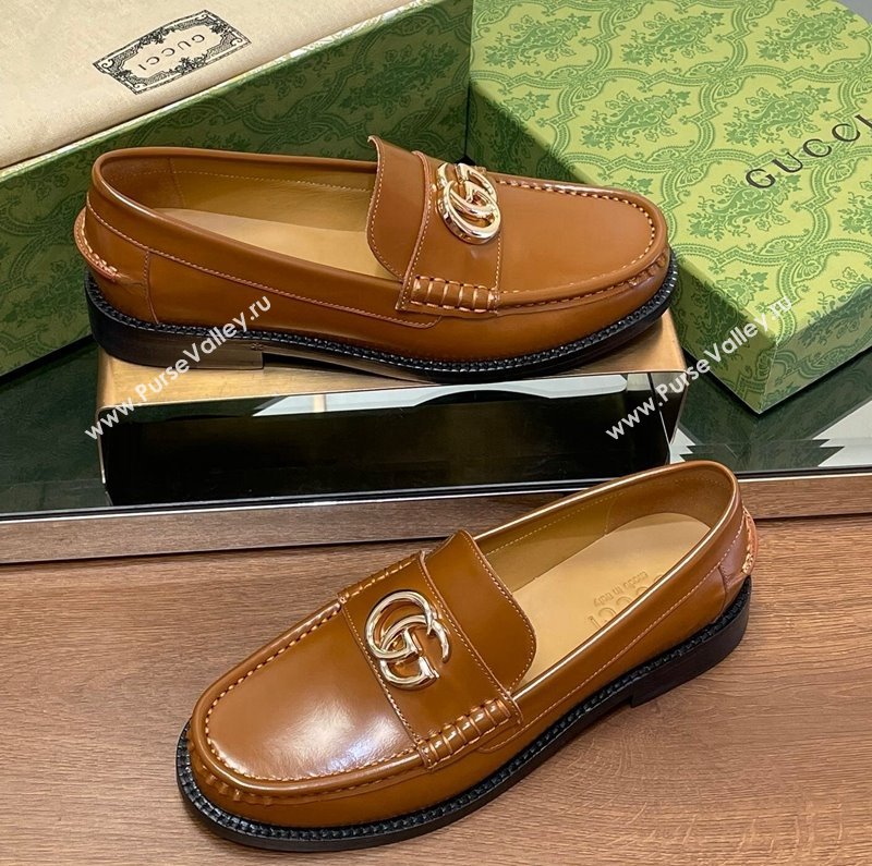 Gucci Shiny Leather Loafers with GG Brown 2024 GG123105 (MD-241231154)