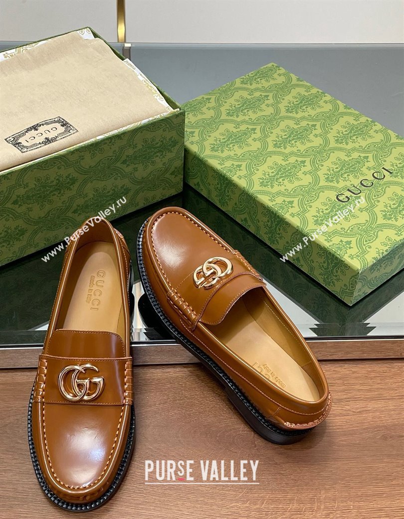 Gucci Shiny Leather Loafers with GG Brown 2024 GG123105 (MD-241231154)