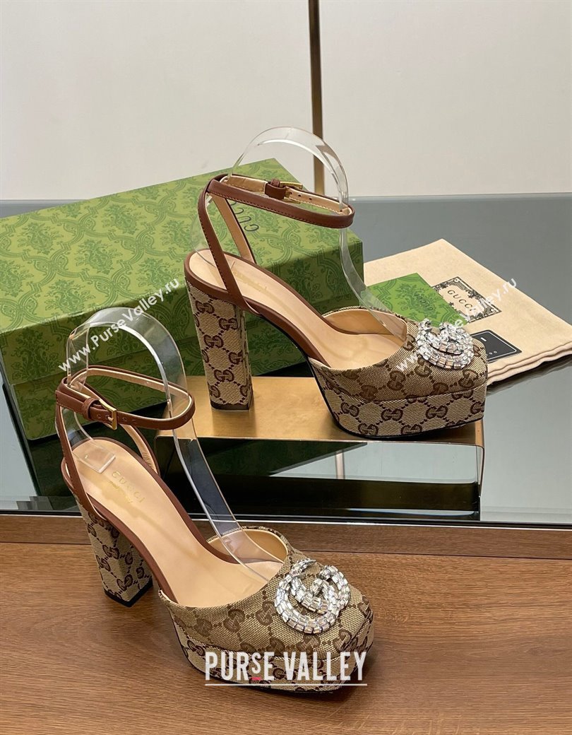 Gucci Canvas Framed Platform Pumps12cm with Strass GG Beige 2024 GG123101 (MD-241231122)