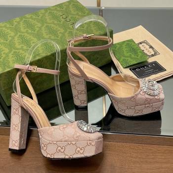 Gucci Canvas Framed Platform Pumps12cm with Strass GG Powder Pink 2024 GG123101 (MD-241231123)